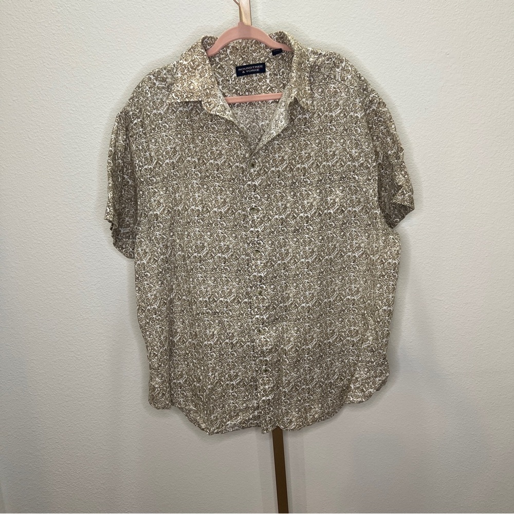 Roundtree & Yorke Linen Button Down Shirt Tan & White 2XB